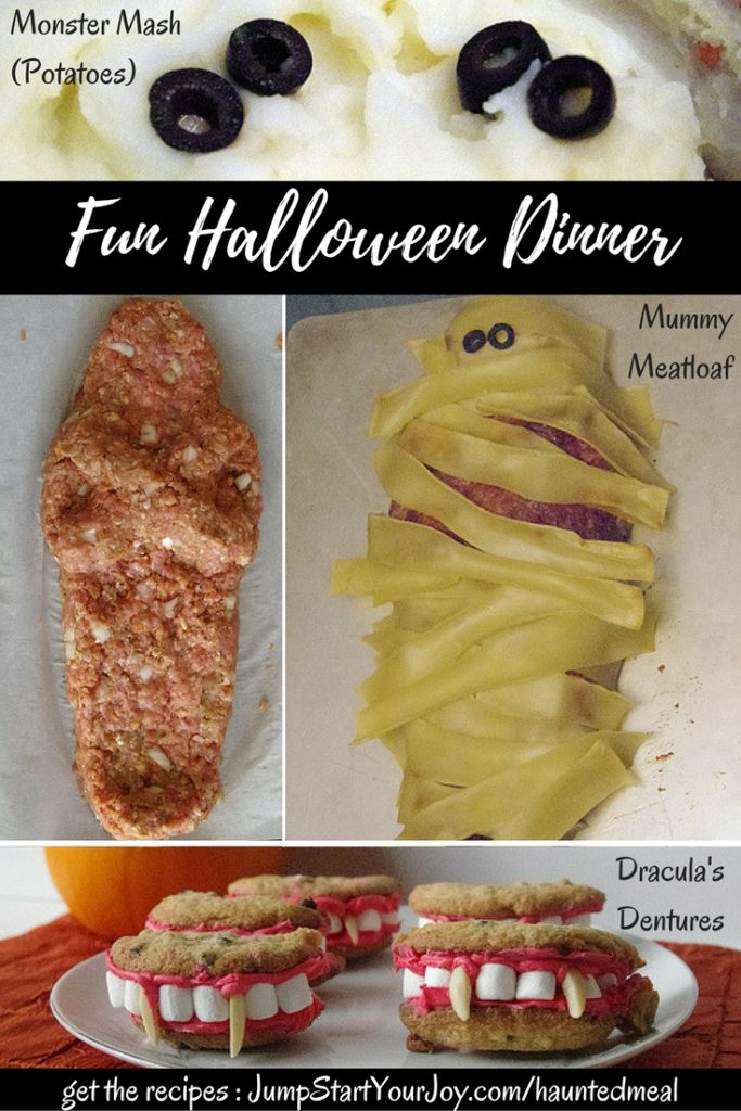 A Fun Halloween Dinner - check out these great ideas: monster mash (potatoes), mummy meatloaf for a main course, and Dracula's dentures for dessert. Click to find the recipes, Save for later! www.jumpstartyourjoy.com