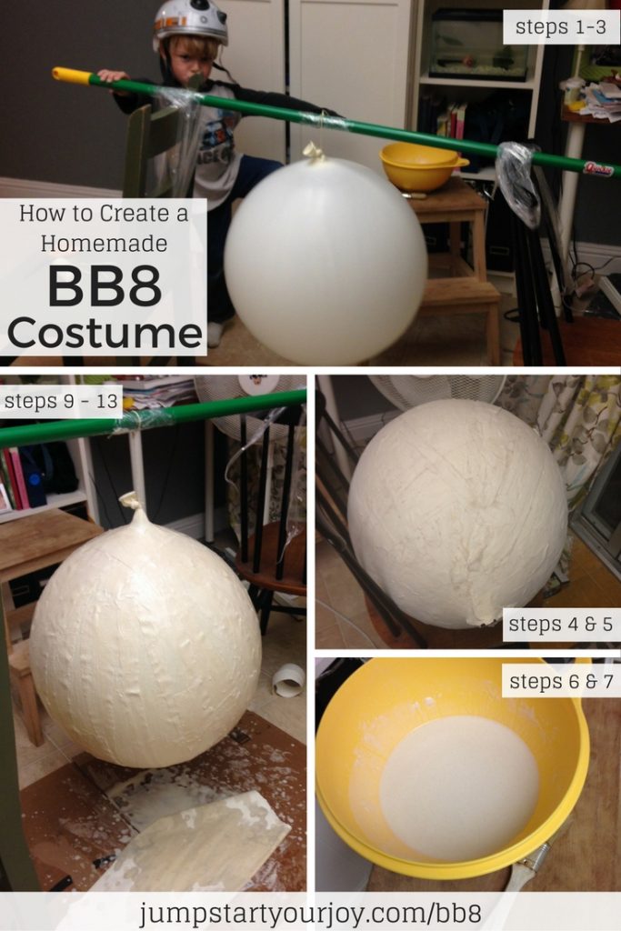 Learn how to create a homemade BB8 Halloween costume for your child using paper mache. Click to get all the instructions or Pin for later. www.jumpstartyourjoy.com