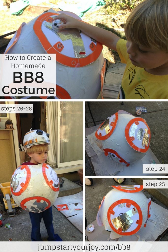 Learn all the steps to creating an adorable BB8 costume for your child out of paper mache. Click to get all the steps, or pin for later. www.jumpstartyourjoy.com