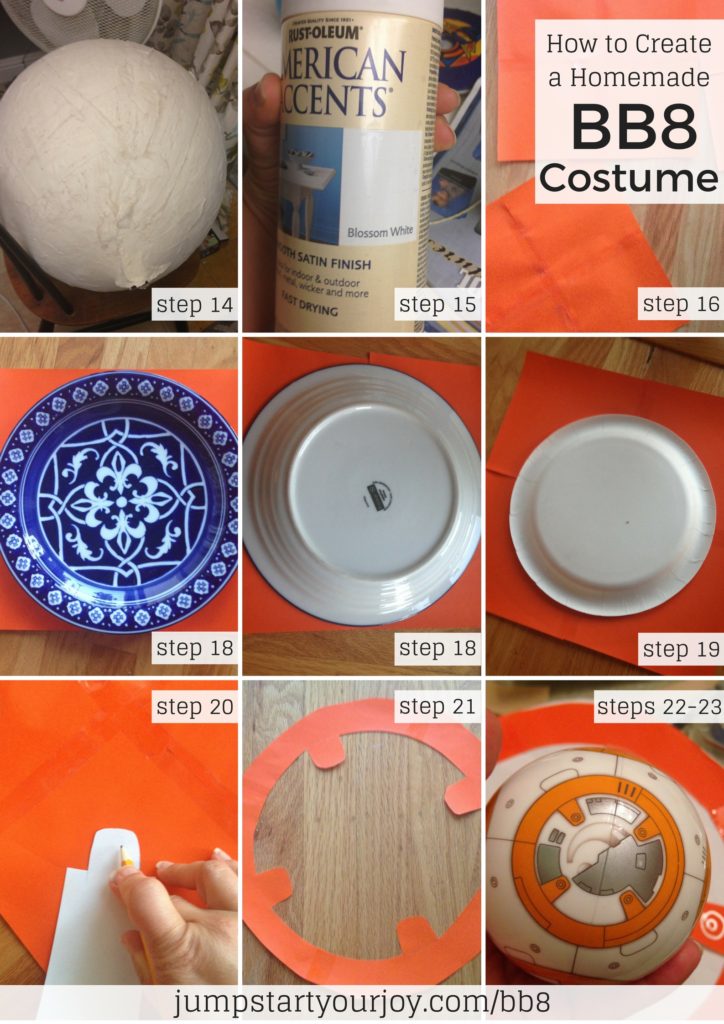 Create a homemade BB8 costume for Halloween for your child out of paper mache! This post breaks down the steps to making an awesome BB8 costume. Click to read or Pin for later. www.jumpstartyourjoy.com